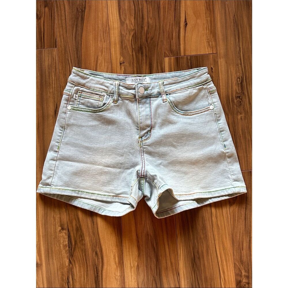 Judy Blue Light Wash Jean Shorts with Rainbow Topstitch - Picture 6 of 6